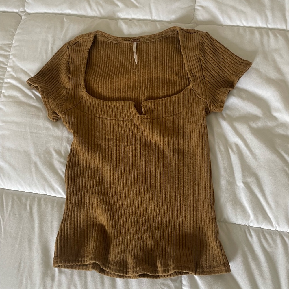 Free People Tan Ribbed Short Sleeve Blouse